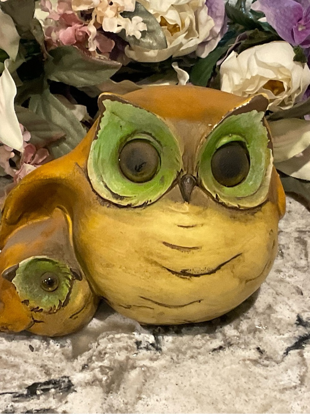 Green and Yellow Ceramic Owl Figurine Decorative Accent